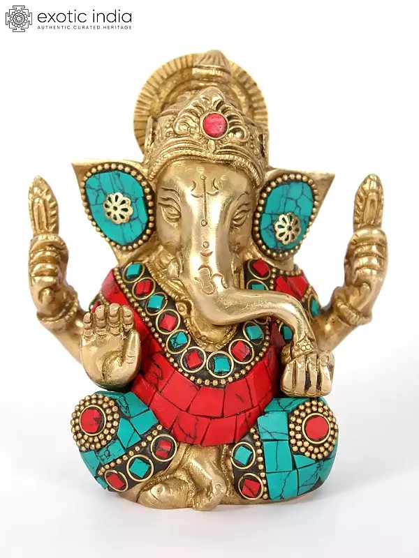 4" Small Brass Lord Ganapati Idol with Inlay Work