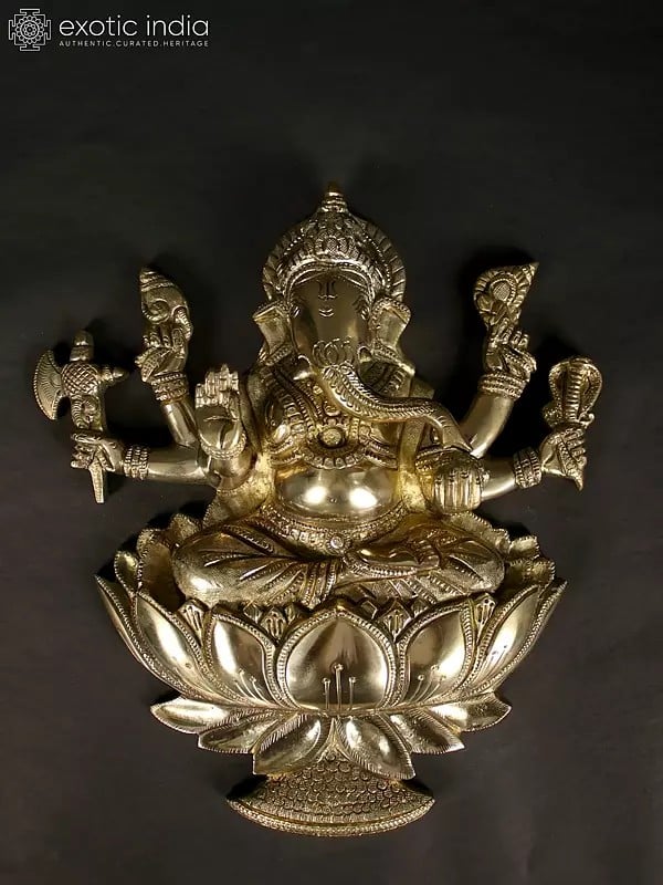 Lord Ganesha Brass Idol Seated on Lotus | Wall Hanging Statue