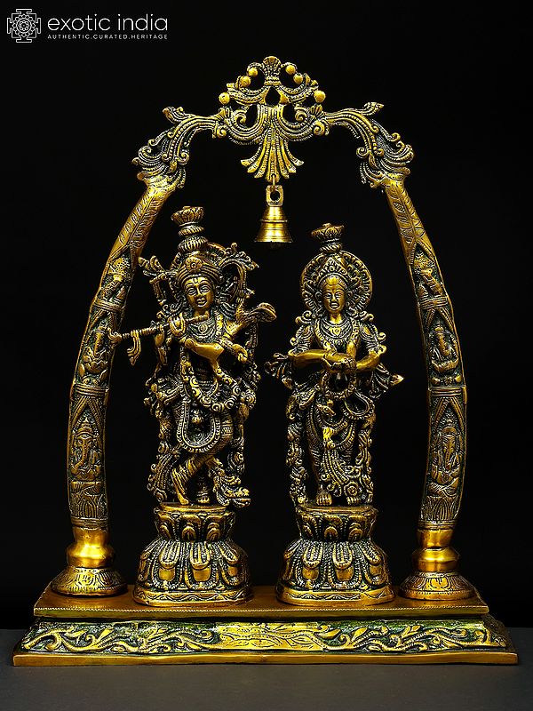 19" Radha Krishna with Tusk Stand | Brass Statue