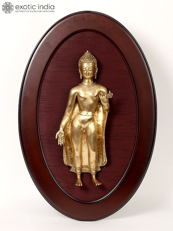 31" Standing Gautam Buddha in Brass | Wooden Wall Hanging Frame