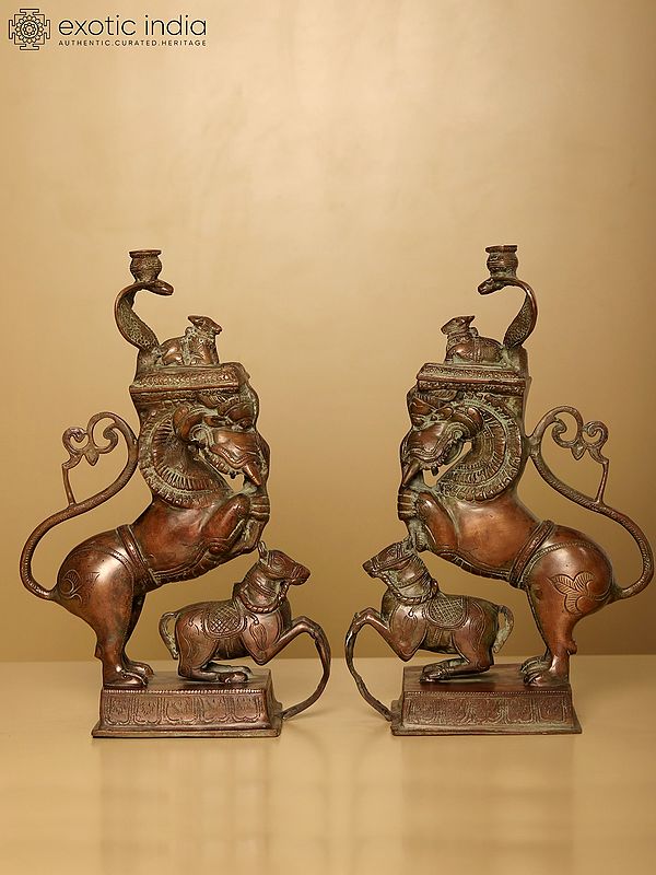 15" Pair of Nandi on Yali Stand | Brass Statue