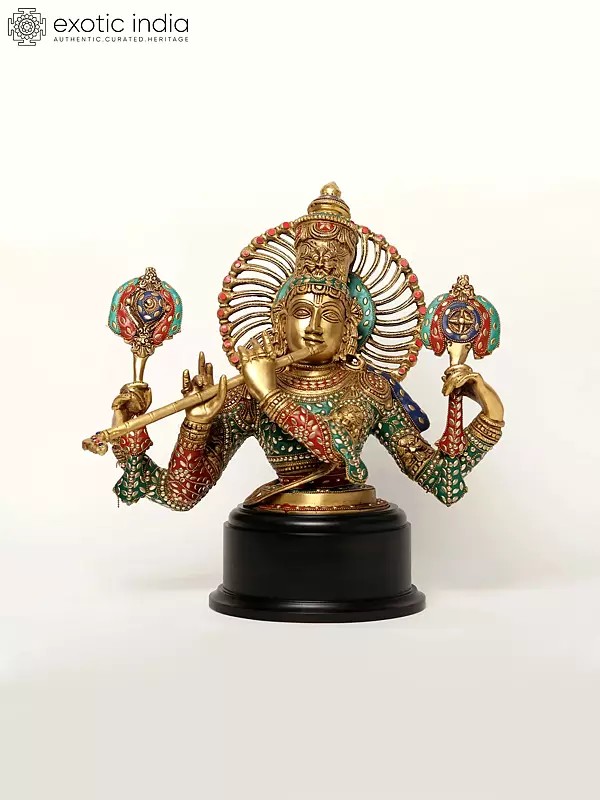 18" Chaturbhuja Venugopal (Krishna) Bust on Wooden Base | Brass with Inlay Work
