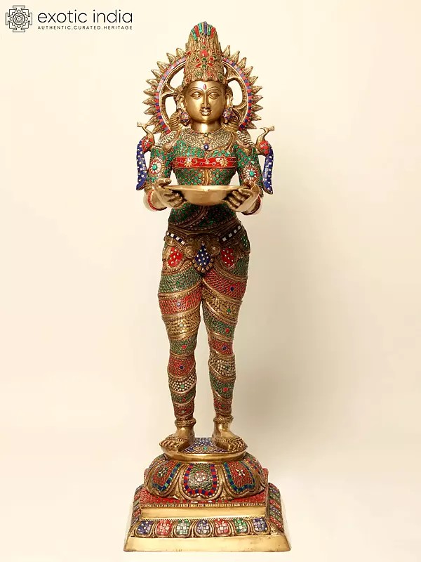 51" Large Size Deep Lakshmi - An Icon of Auspiciousness | Brass with Inlay Work