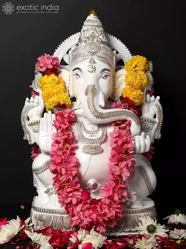 19" Brass Blessing Lord Ganesha Statue in White | Hand Painted