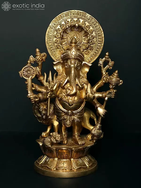 11" Ashtabhuja Simha Ganesha Statue with Serpents Aureole