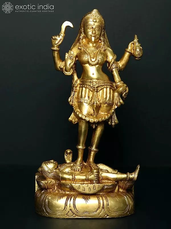 11" Brass Goddess Kali Statue Standing atop Lord Shiva