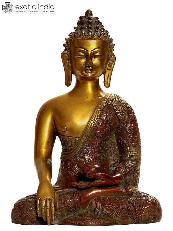 9" Bhumisparsha Buddha (Robes Decorated with Auspicious Symbols) In Brass