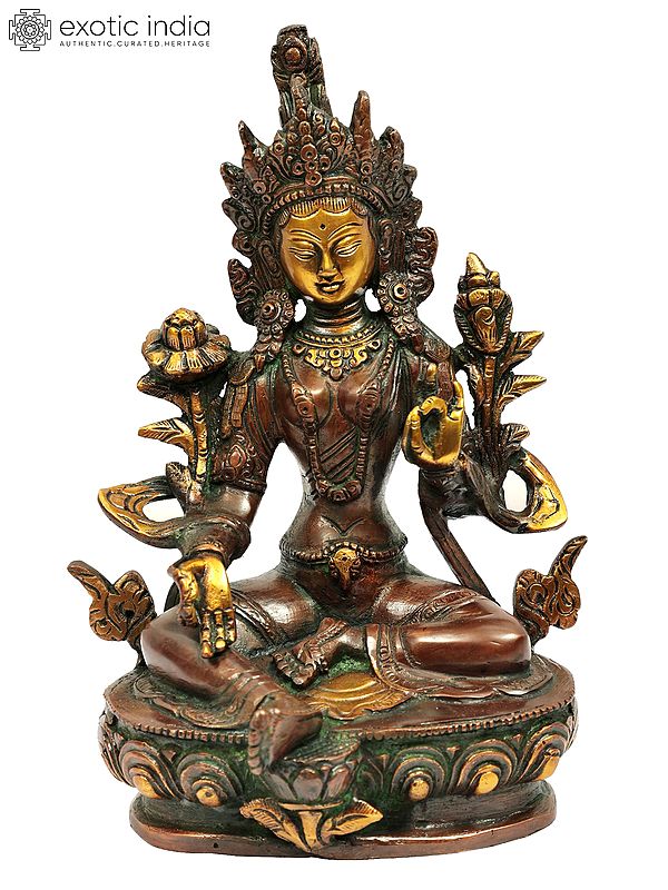 8" Tibetan Buddhist Savior Goddess Green Tara In Brass | Handmade | Made In India