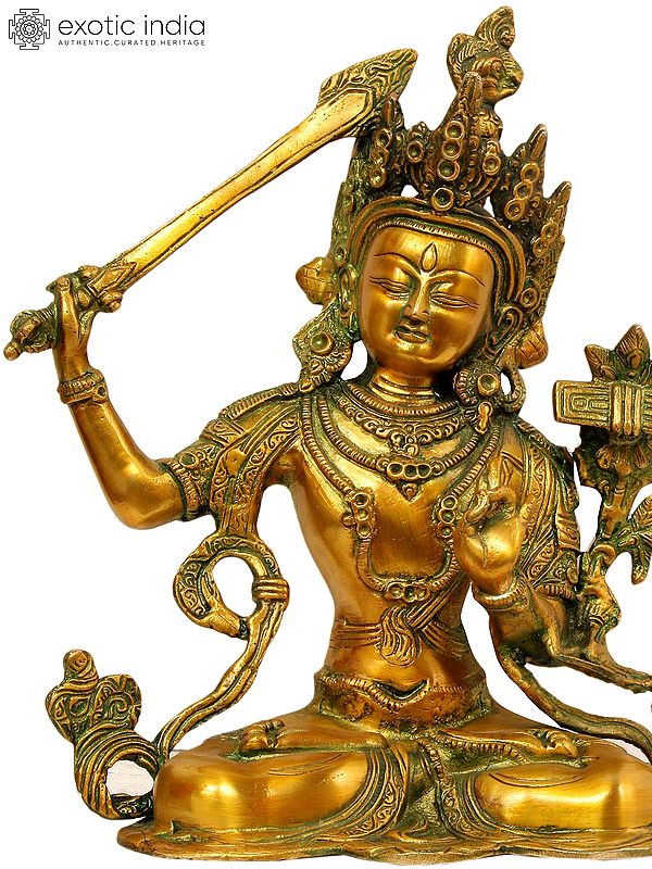 10" Tibetan Buddhist Deity Manjushri - Bodhisattva of Transcendent Wisdom In Brass | Handmade | Made In India