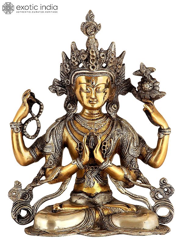 11" Tibetan Buddhist Deity: Chenrezig (Shadakshari Lokeshvara) In Brass | Handmade | Made In India