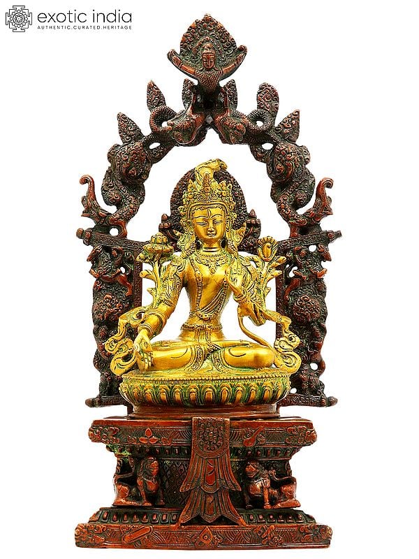 16" Tibetan Buddhist Goddess White Tara Seated on Six-Ornament Throne of Enlightenment In Brass | Handmade | Made In India