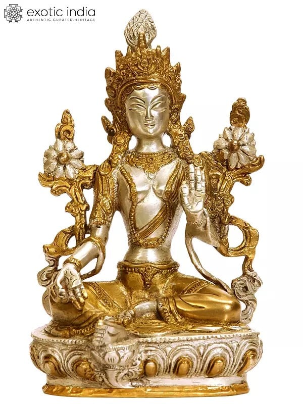 8" Tibetan Buddhist Savior Goddess Green Tara in Golden and Silver Hues In Brass | Handmade | Made In India