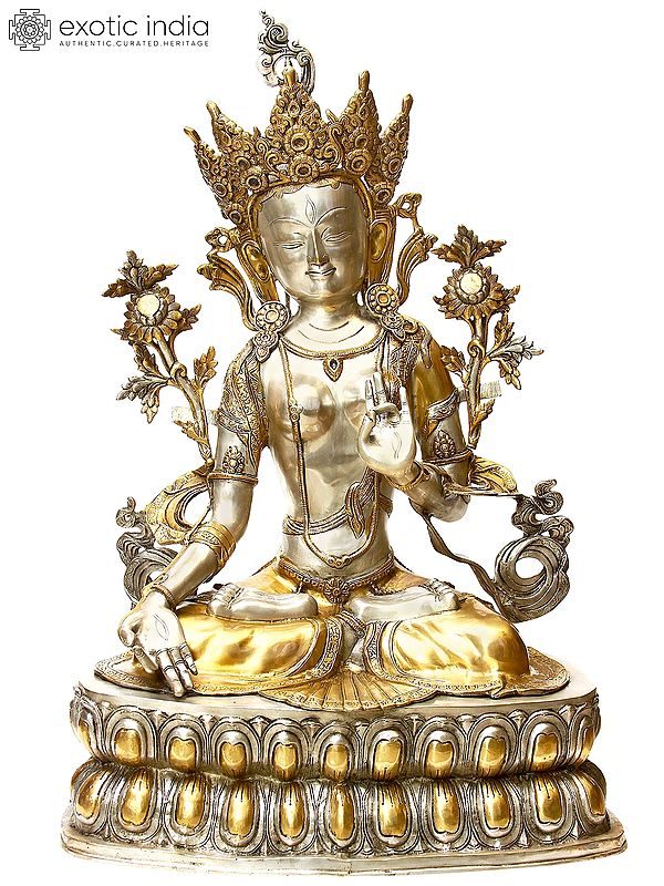 33" Large Size Goddess White Tara Statue (Tibetan Buddhist Deity) in Brass