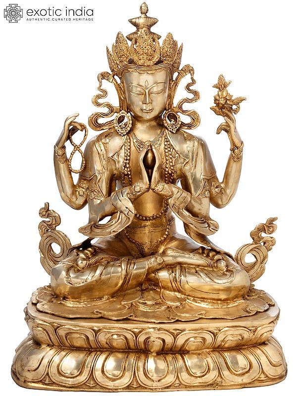 28" Tibetan Buddhist Deity Chenrezig (Shadakshari Lokeshvara) In Brass | Handmade | Made In India