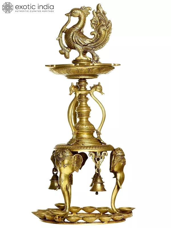24" Peacock Lamp and Bells Supported by Elephant Heads with a Series of Puja Diyas In Brass | Handmade | Made In India