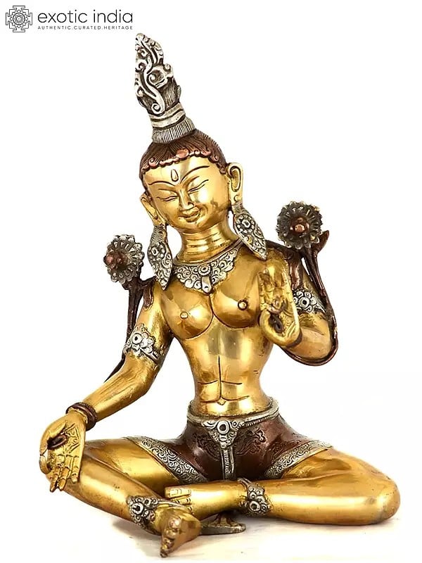 10" Tibetan Buddhist Deity- Triple-Hued Goddess Green Tara In Brass | Handmade | Made In India