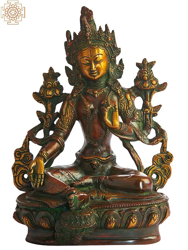 8" Tibetan Buddhist Deity Savior Green Tara Statue in Brass | Handmade | Made in India