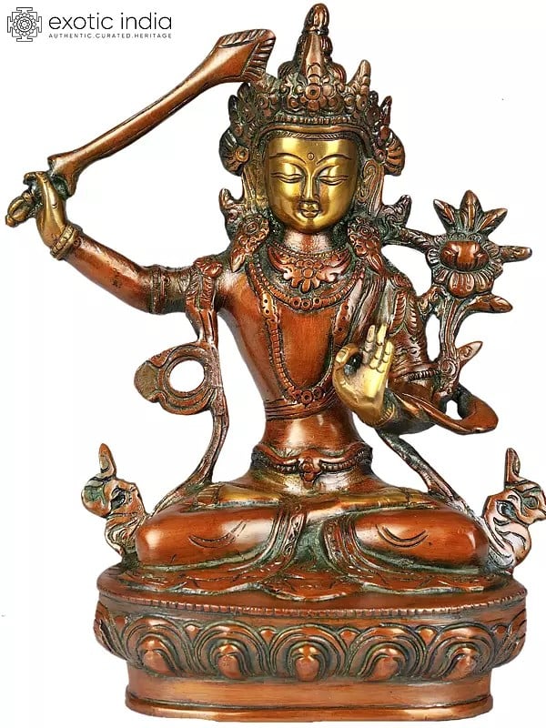 8" Tibetan Buddhist Deity Manjushri Brass Statue - Bodhisattva of Transcendent Wisdom | Handmade