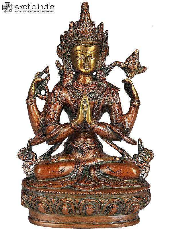 8" Tibetan Buddhist Deity Four Armed Avalokiteshvara | Handmade Brass Sculpture