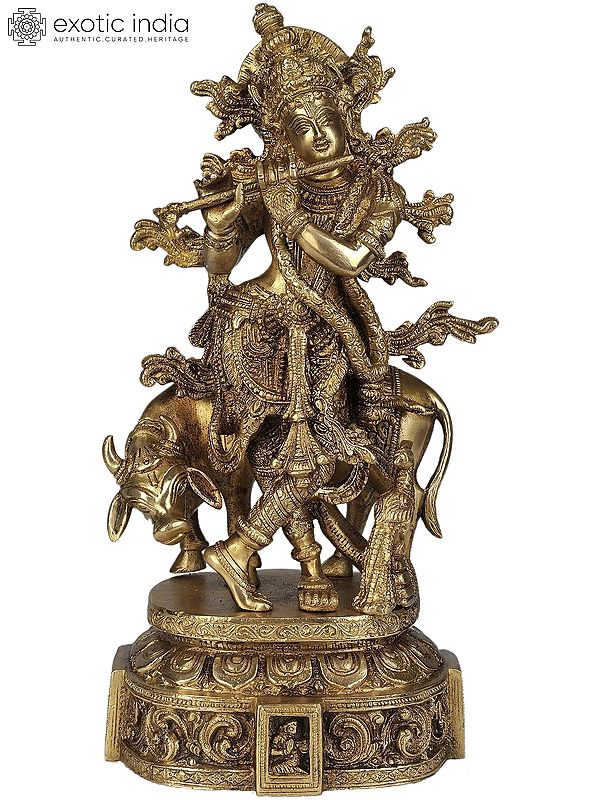 12" Venugopala Brass Statue | Fluting Krishna Idol with His Cow | Made in India
