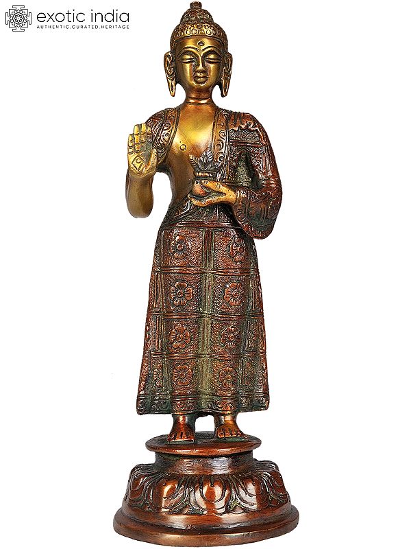 7" Buddhist Deity Medicine Buddha Idol in Golden and Brown Hues | Handmade Brass Statue| Made in India