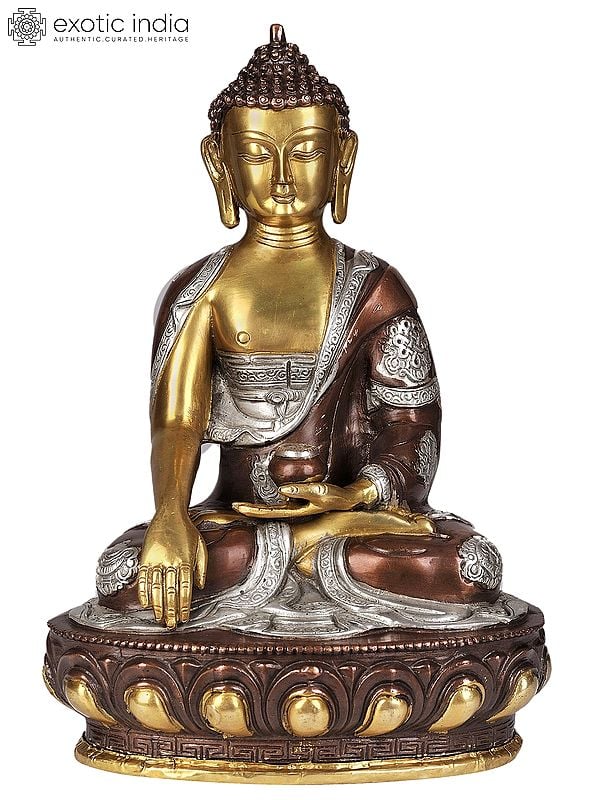 12" Triple Hued Buddha in Earth-Witness Gesture  (Robes Decorated with Auspicious Symbols) In Brass