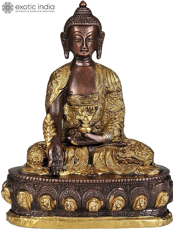 7" Buddhist Deity Medicine Buddha Idol in Golden and Brown Hues | Handmade Brass Statue| Made in India