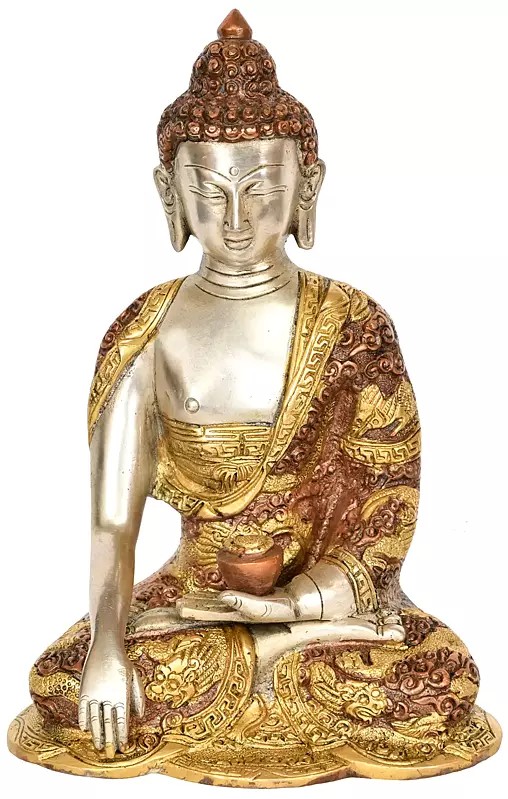 8" Lord Buddha in Bhumisparsha Mudra with Pindapatra (Robes Decorated with Auspicious Symbols) | Handmade Brass Statue