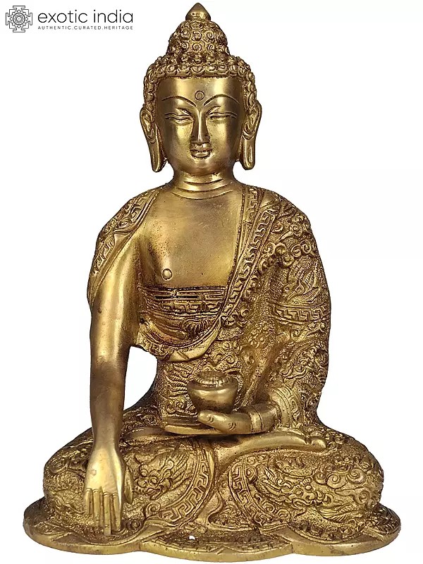 8" Lord Buddha in Bhumisparsha Mudra with Pindapatra (Robes Decorated with Auspicious Symbols) | Handmade Brass Statue