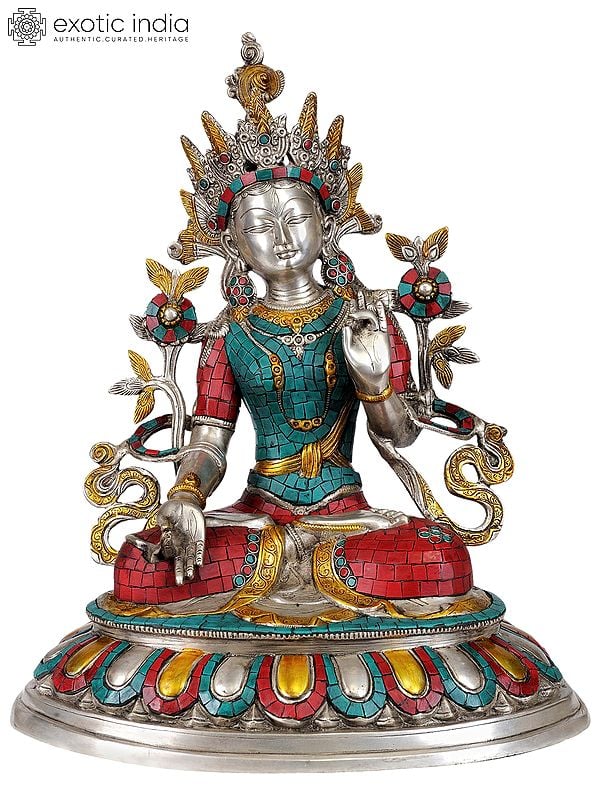 18" Tibetan Buddhist Deity- Goddess White Tara (In Silver Hue with Fine Inlay work)