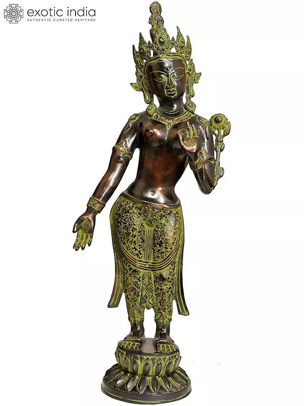 30" Standing Devi Tara Brass Statue | Handmade Buddhist Idol