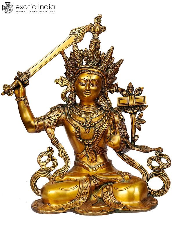 16" Manjushri - Bodhisattva of Transcendent Wisdom (Tibetan Buddhist Deity) In Brass | Handmade | Made In India