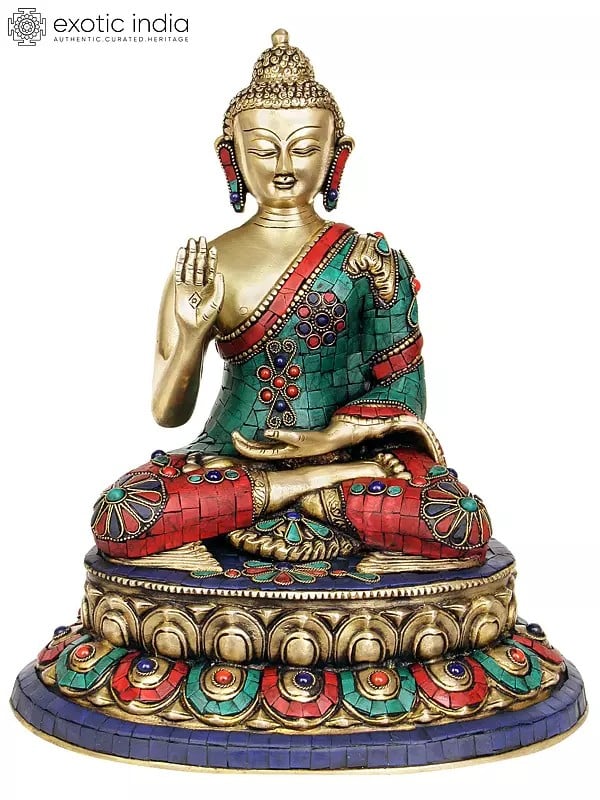 13" Lord Buddha Granting Abhaya (with Inlay Work) In Brass | Handmade | Made In India