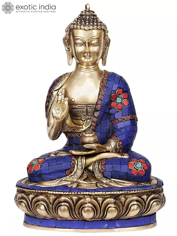 12" Lord Buddha Interpreting His Dharma Wearing Blue Inlay Robes In Brass | Handmade | Made In India