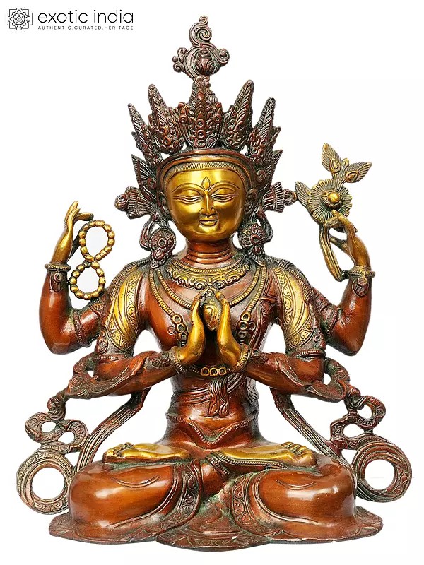 15" Tibetan Buddhist Deity- Chenrezig (Shadakshari Lokeshvara) In Brass | Handmade | Made In India