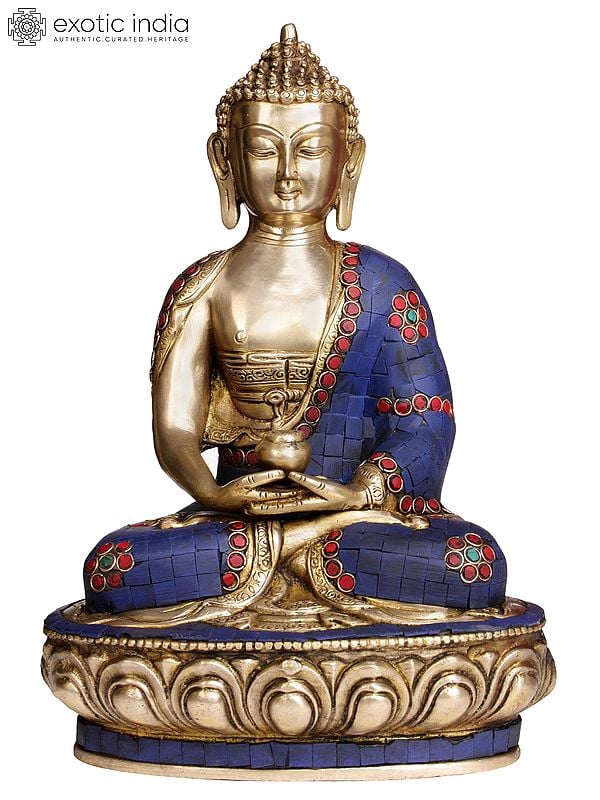 13" Lord Buddha with Pinda-Patra (with Superfine Inlay Work) In Brass