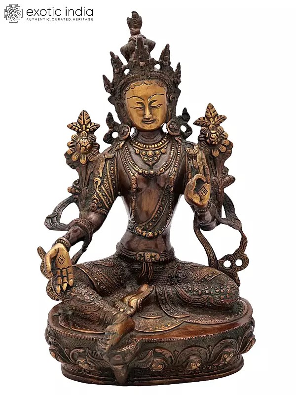 12" Tibetan Buddhist Goddess Green Tara - The Goddess Who Removes All Fears in Brass | Handmade | Made In India