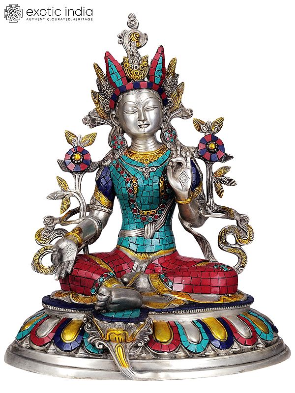 18" Tibetan Buddhist Deity- Goddess Green Tara in Silver Hue with Inlay Work In Brass