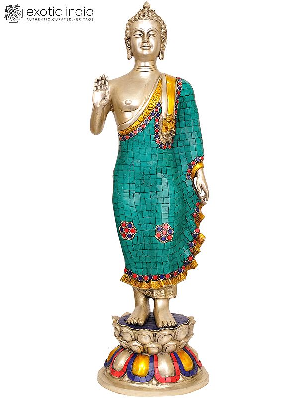 21" Standing Buddha (with Inlay Work) In Brass | Handmade | Made In India