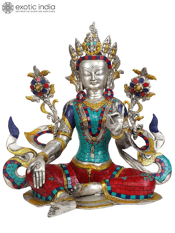 19" Tibetan Buddhist Goddess Green Tara (with Inlay Work) In Brass | Handmade | Made In India