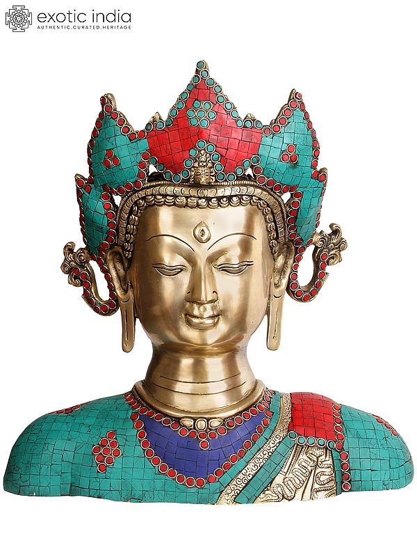 15" Crown Buddha Bust In Brass | Handmade | Made In India