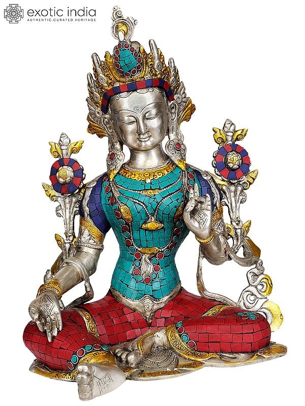 15" Tibetan Buddhist Goddess Green Tara In Brass | Handmade | Made In India