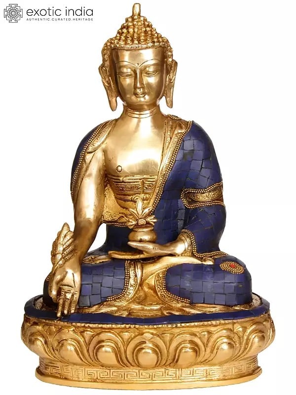 12" Lapis Healing Buddha Brass Sculpture | Tibetan Buddhist Deity Idols