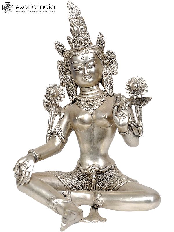 10" Tibetan Buddhist Goddess Green Tara (In Silver Hue) In Brass | Handmade | Made In India