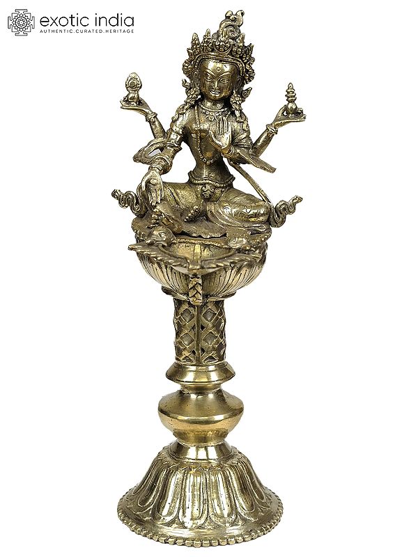 12" Nepalese form of Goddess Lakshmi with Lamp in Brass | Handmade | Made in India