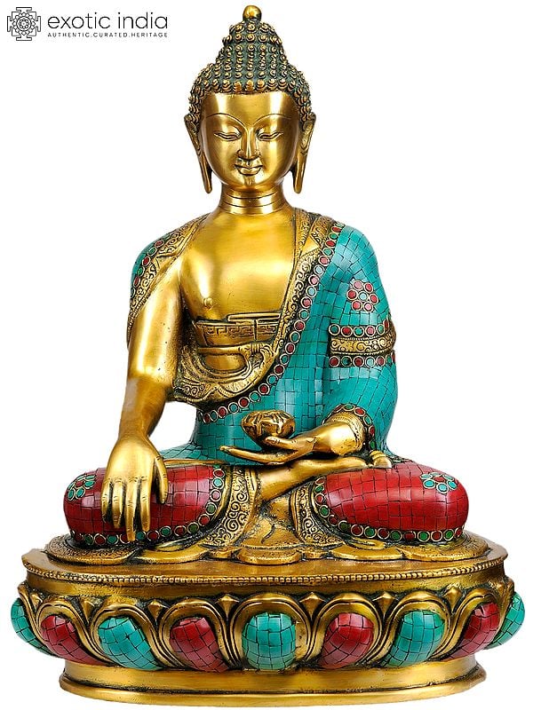 17" Lord Buddha in Bhumisparsha Mudra (Inlay Statue) In Brass | Handmade | Made In India