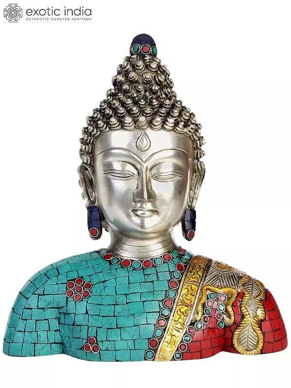 10" Lord Buddha Bust (Inlay Statue) In Brass