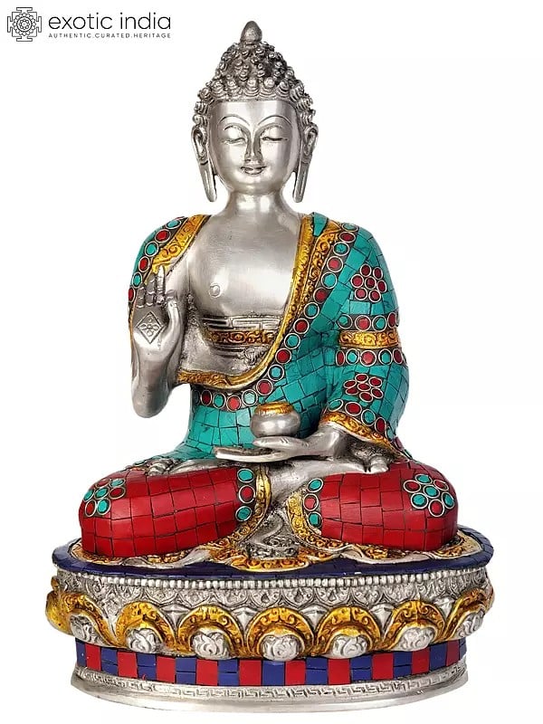 12" Lord Buddha Interpreting His Dharma  (Inlay Statue) In Brass