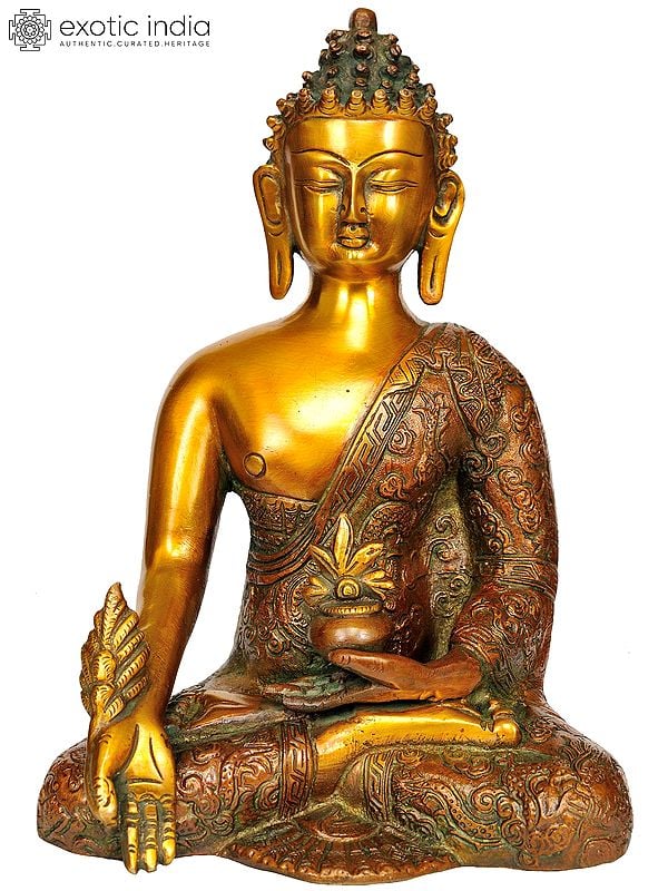 9" Medicine Buddha Brass Idol (Robes Decorated with Auspicious Symbols and Dragon Figures) | Handmade | Made in India