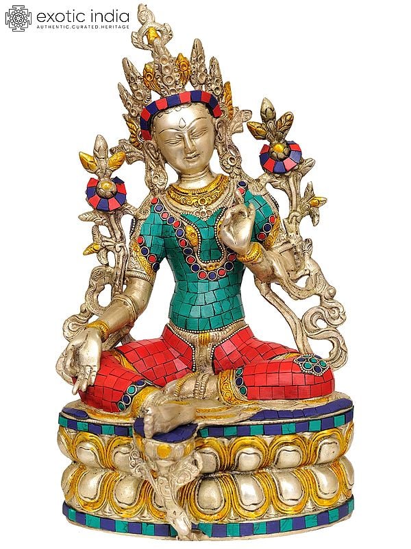 14" Saviour Goddess Green Tara (Inlay Statue Tibetan Buddhist Deity) In Brass | Handmade | Made In India